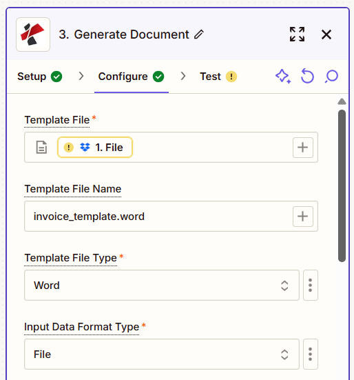 Zum Vergrößern bitte anklicken PDF4me-Aktion „Dokument generieren“ in Zapier zeigt konfigurierte Felder für Vorlagendatei, Datenformat und Daten als Text an.